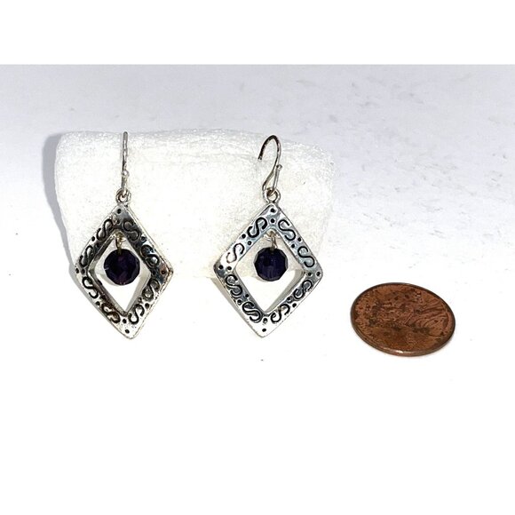 Handcrafted Silver-Tone Dangling Earrings W/ Etched Diamond Frame & Black Beads - Picture 2 of 6